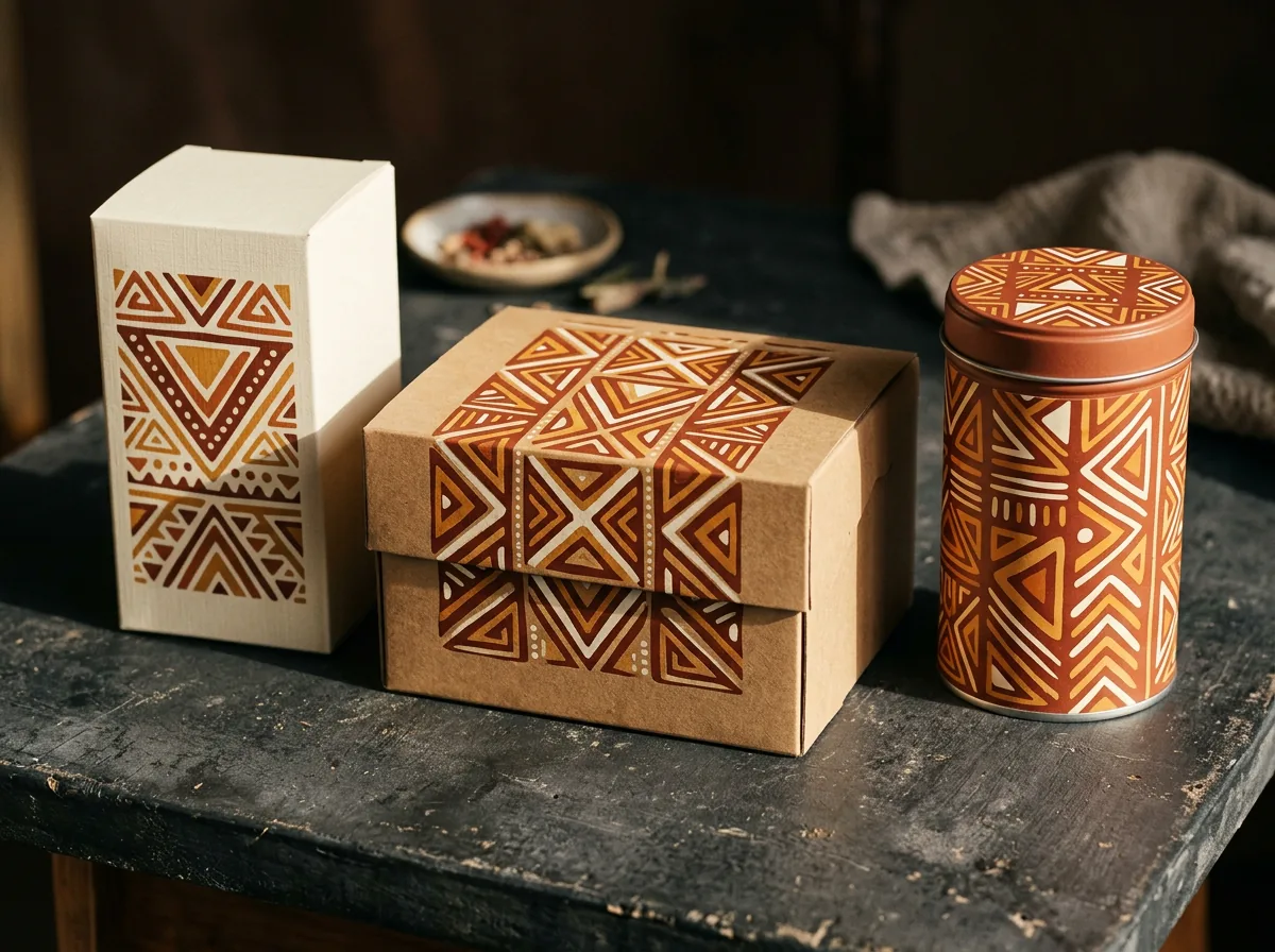 Packagings kraft et crème imprimés de motifs géométriques africains en terracotta et ocre