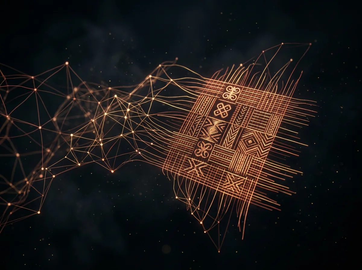 Visualisation abstraite d'un réseau de données lumineux se transformant en tissage textile africain