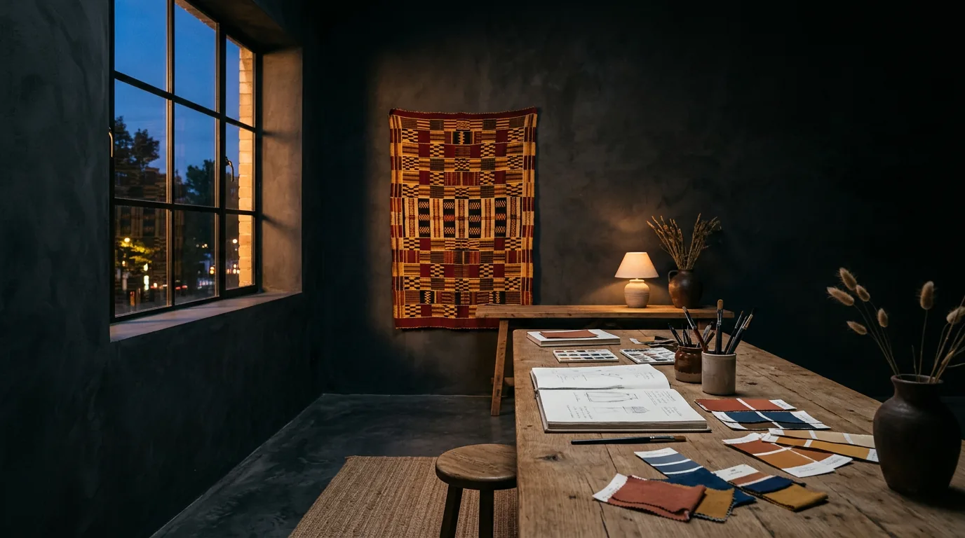Atelier créatif minimaliste au crépuscule : grande table en bois, carnets, nuanciers et tissage traditionnel au mur